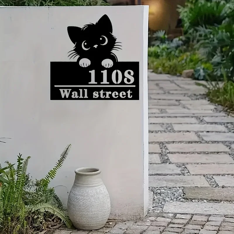 Personalized House Number Sign Featuring a Cute Black Cat And White Paw Prints - Durable OutdoorIndoor Address Plaque, Customiza