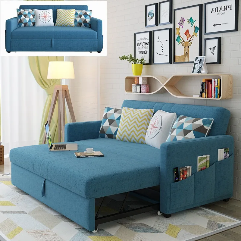 Multifunctional sofa bed, Mediterranean fabric three-person sofa, latex fabric small apartment sliding bed sofa