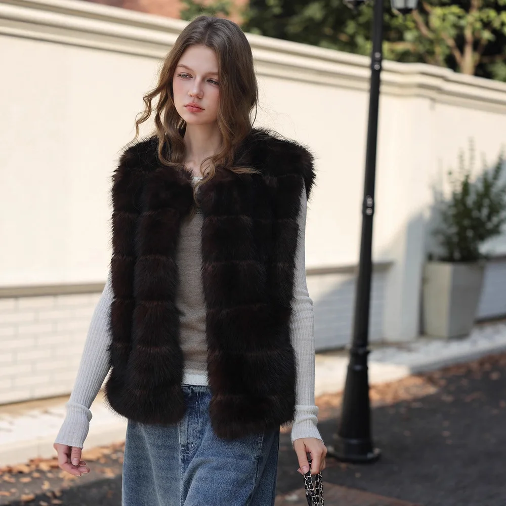 KIDCRKJ الشتاء النساء صديقة للبيئة الفراء سترة الحد الأدنى الصلبة منقوشة أكمام سيدة فرو المنك أبلى سميكة الدافئة الإناث فو الفراء معطف #4