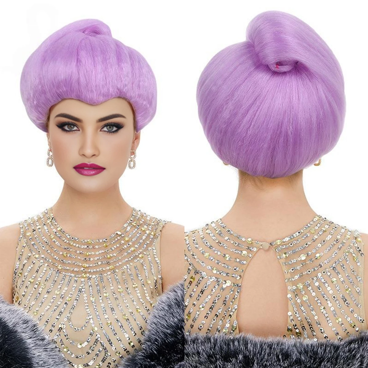 Light Purple Fluffy Round Top Bun Back Knot Wig Smooth Silky Glossy Neat Bangs Vintage Retro Fashion Synthetic Wig image 5