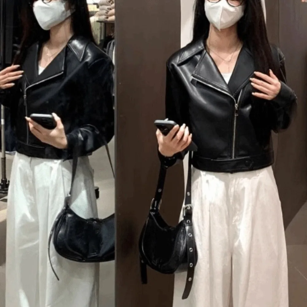 Retro Pleated Leather Jacket Women Korean Chic Outerwear Vintage PU Coats Lapel Collar Windbreaker Jackets Y2k Women