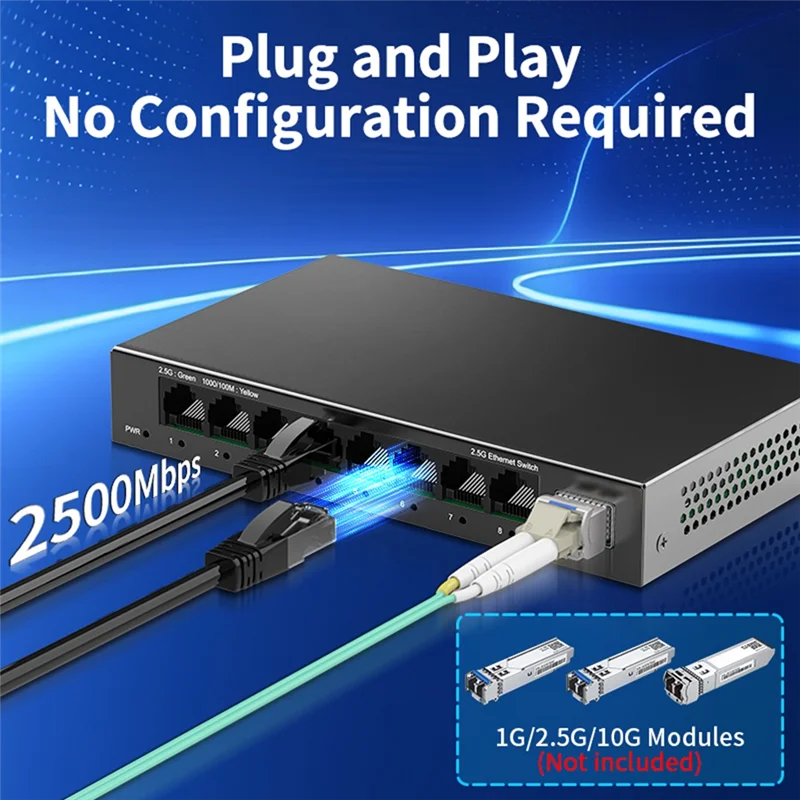 Switch de rede de 8 portas de 2,5 Gb Switch Ethernet não gerenciado de 2,5 Gbps com slot SFP + 10 Gb Home Lab Pequeno interruptor de configuração Plugue UE