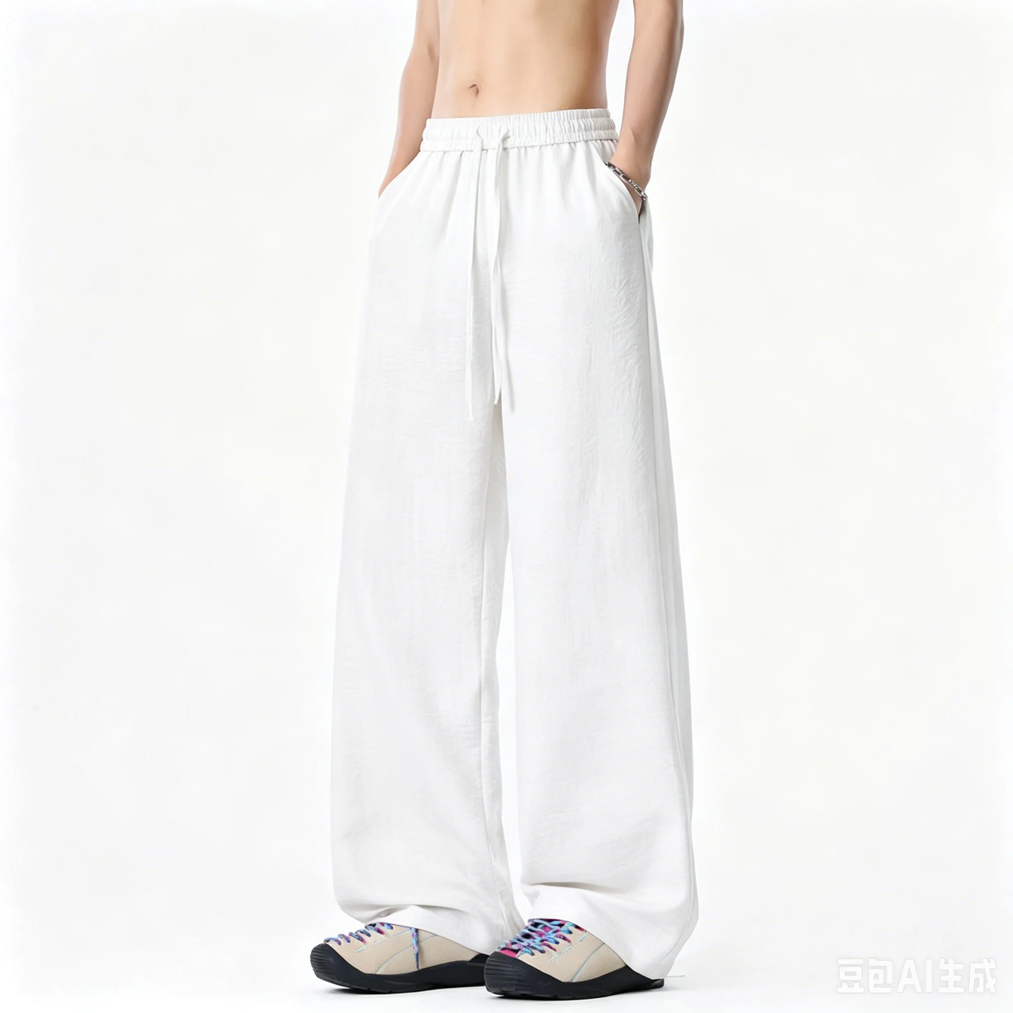 Herren Weiße Baumwoll-Leinen-Hose Lässige Weite Hose mit Elastischem Bund und Taschen Gerade Geschnittene Übergrößen-Hose Streetwear