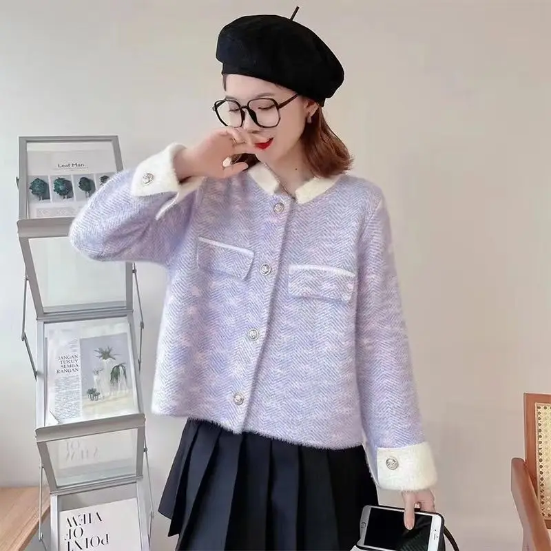 2025 New Autumn Winter Women Knit Cardigan Faux Mink Fur High Quality Thick Lapel Coat Elegant Sweater Top