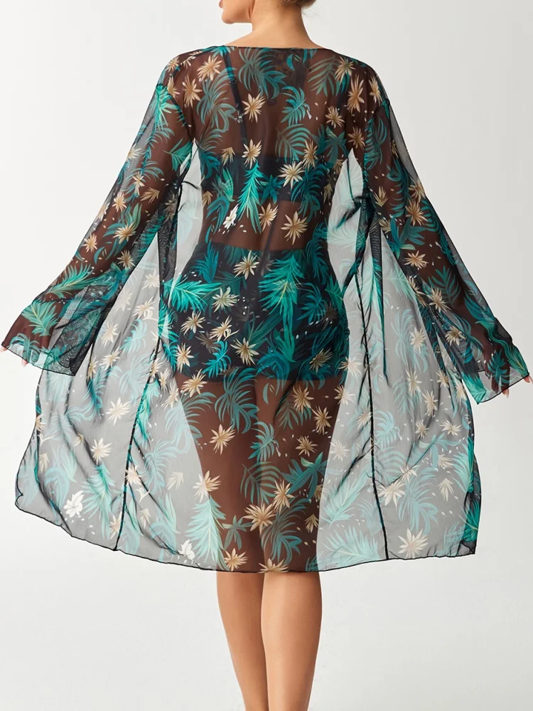 بيكيني النساء ملابس السباحة 2026 طباعة حبال البيكينيات مجموعة مثير عالية الخصر ملابس الصيف طويلة الأكمام شبكة الشاطئ ثوب السباحة الإناث #4