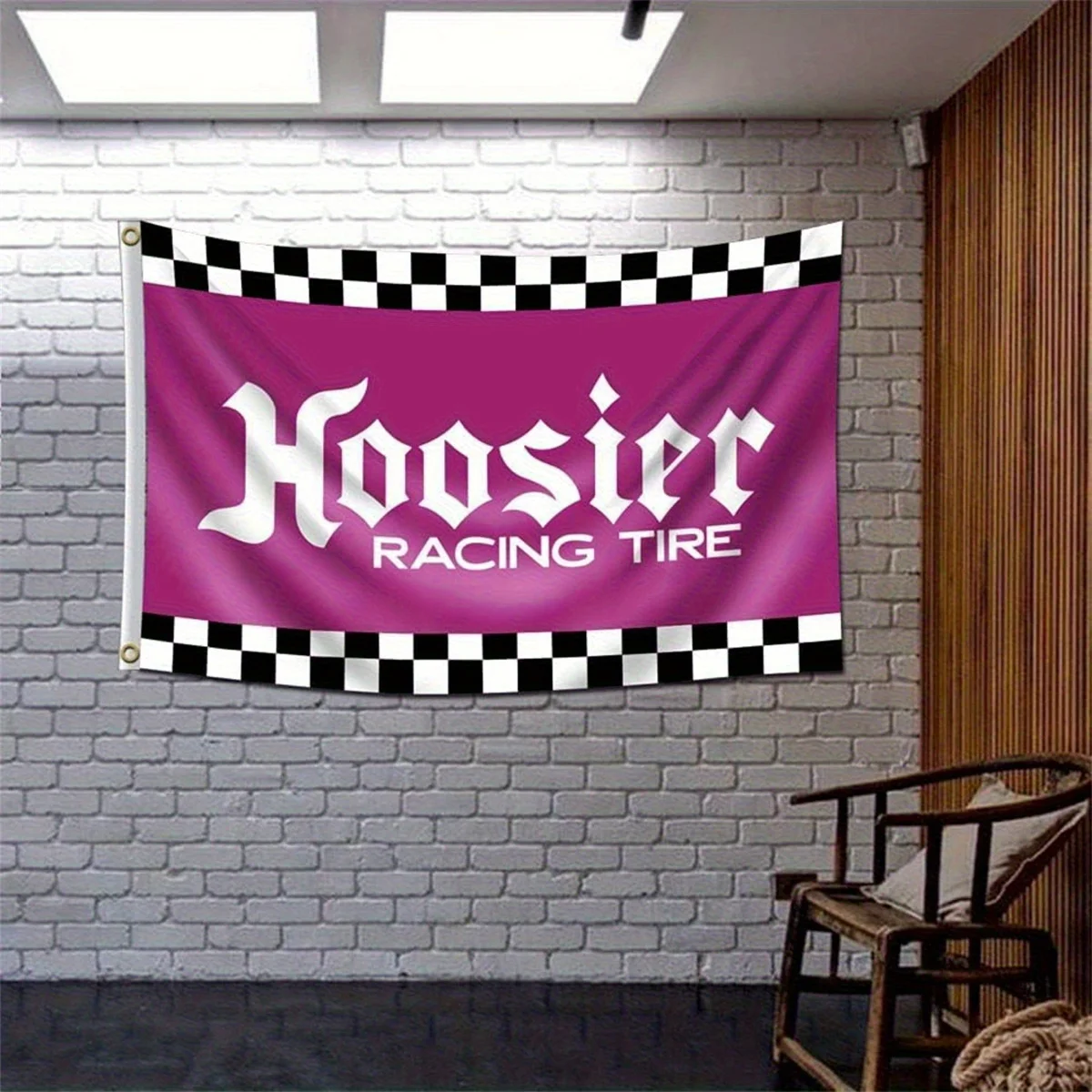Hoosier Racing Tire Pink Checkered Tapestry - Retro Motorsports Flag Style Wall Decor for Garage & Race Fan Rooms
