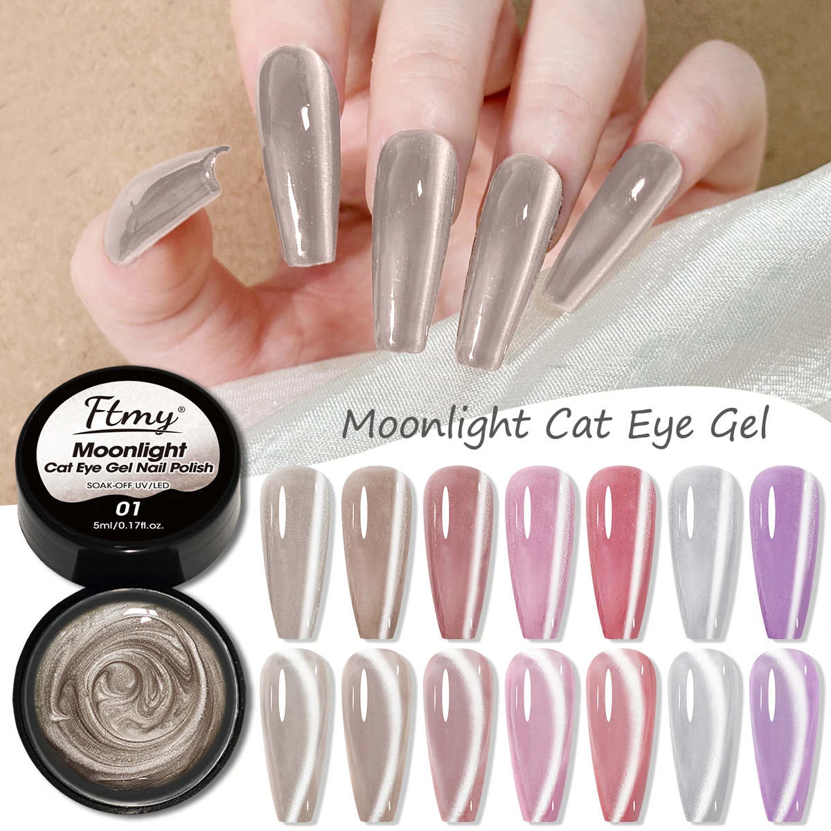 

FTMY 6-Color Plastic Jar White Moonlight Cat Eye Nail Polish + Magnetic Stick ---- Shimmering White Moonlight Cat Eye Nail Polis