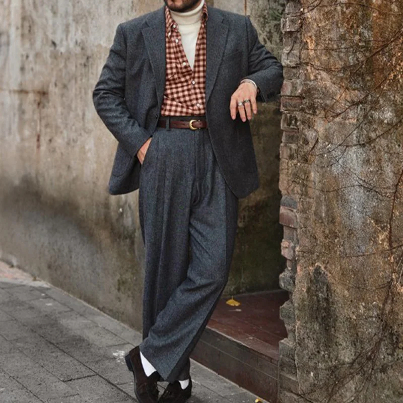 Autumn and Winter Classic Peaky Blinders Tweed Suit Shelby Retro Herringbone Pattern Suit and Trousers Two-Piece Set for Men