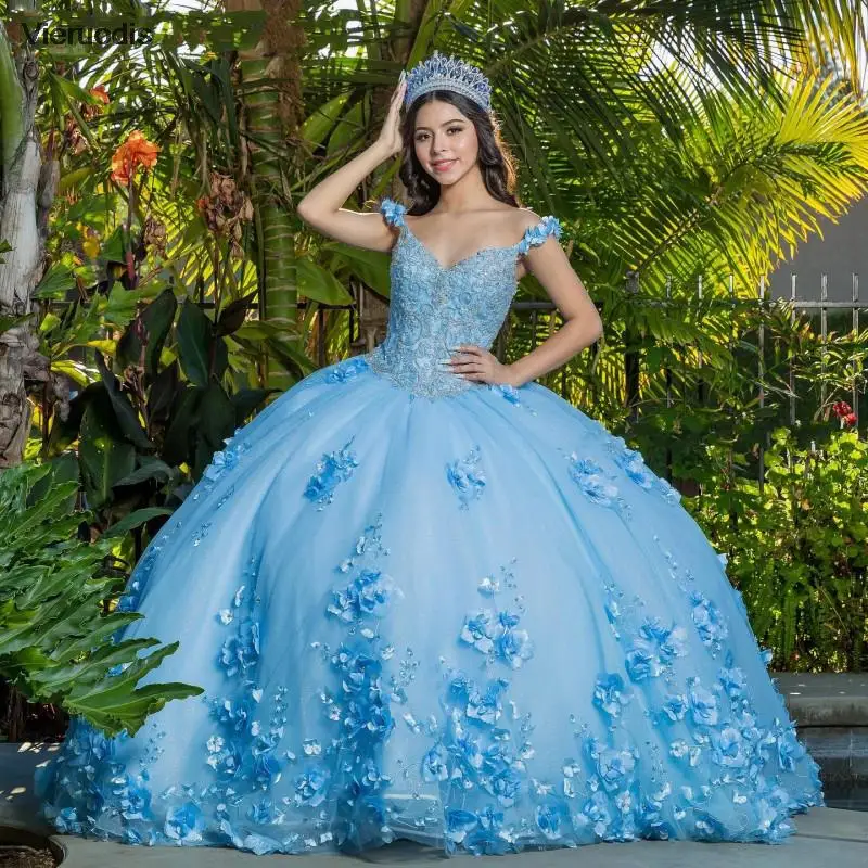 

Sky Blue Ball Gown Quinceanera Princess Party Dress Women Vestidos De 15 Años 2021 Applique Backless Sweet 16 Dress Pageant Gown