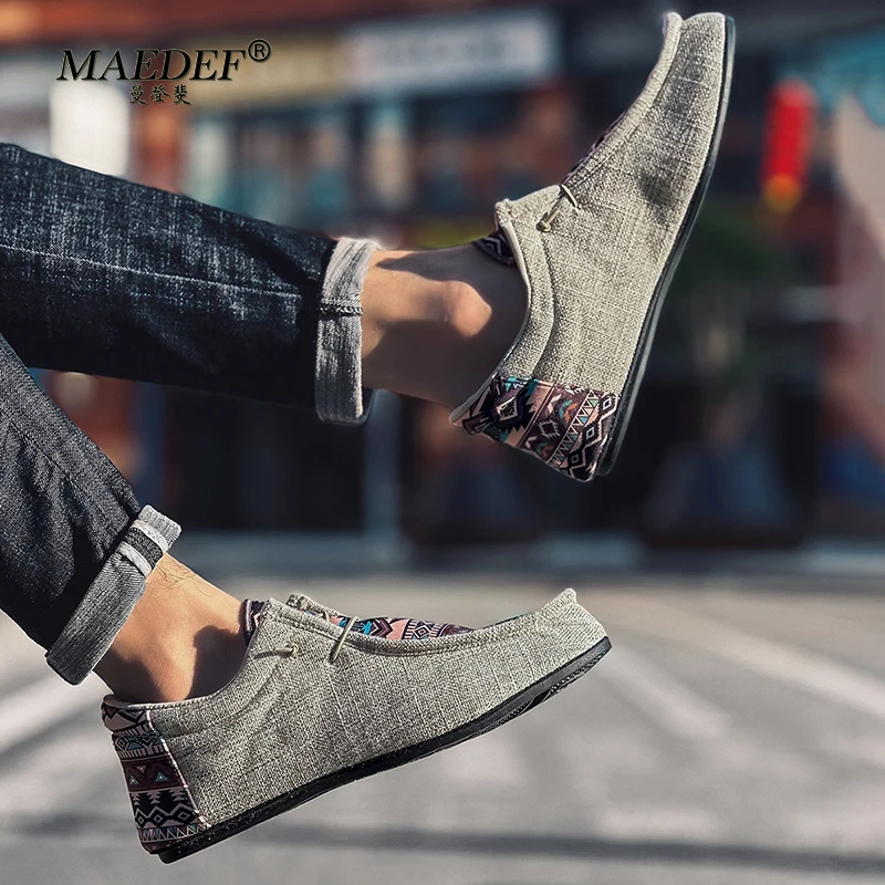 MAEDEF Men Summer Canvas Shoes Breathable Comfortable Outdoor Slip on Walking Sneakers High Quality Soft Classic Loafers for Men