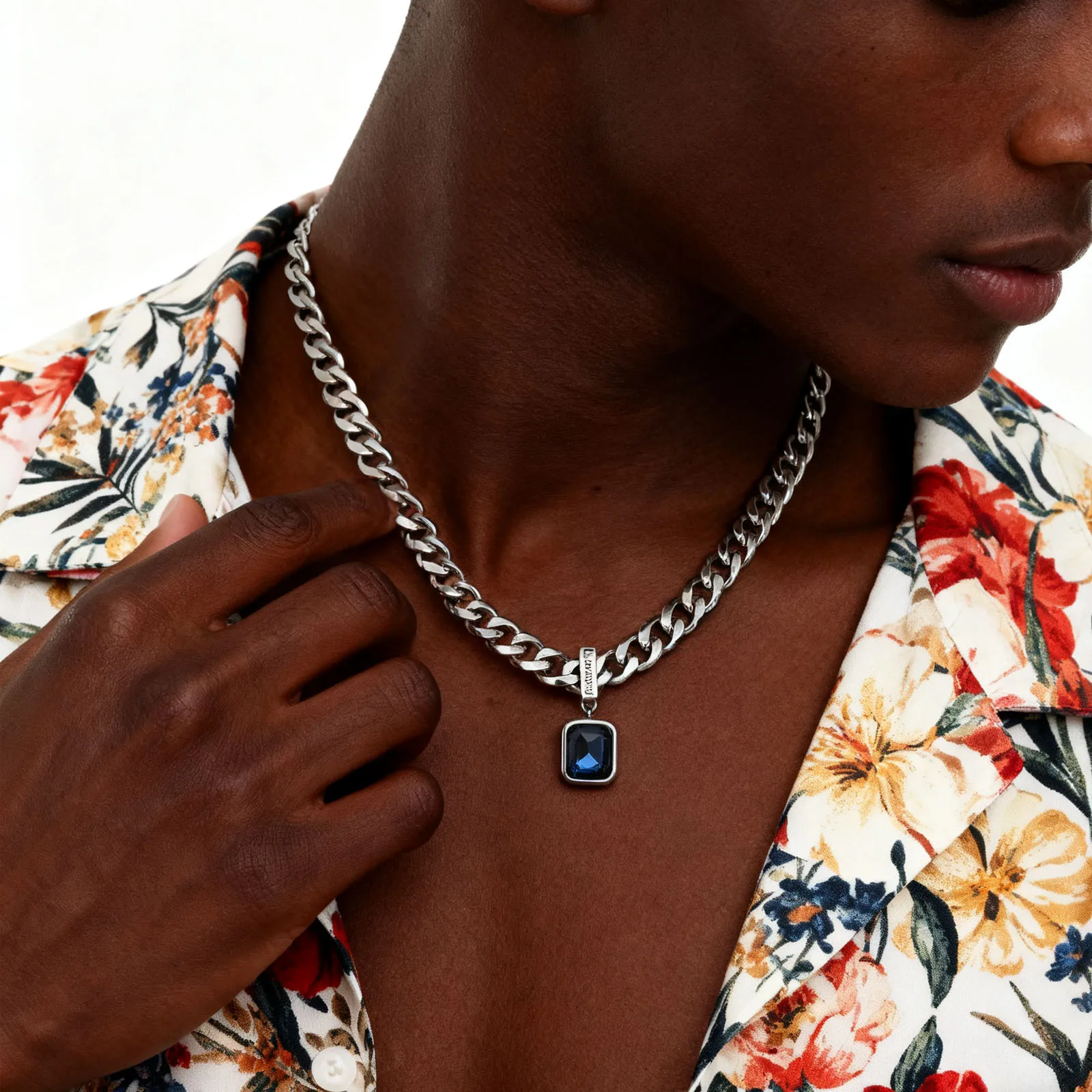 Hiphop Chunky Cuban Chain Necklace for Men Boys,Stainless Steel Lucky Words Square Stone Pendant Collar,Trendy Birthday Gift