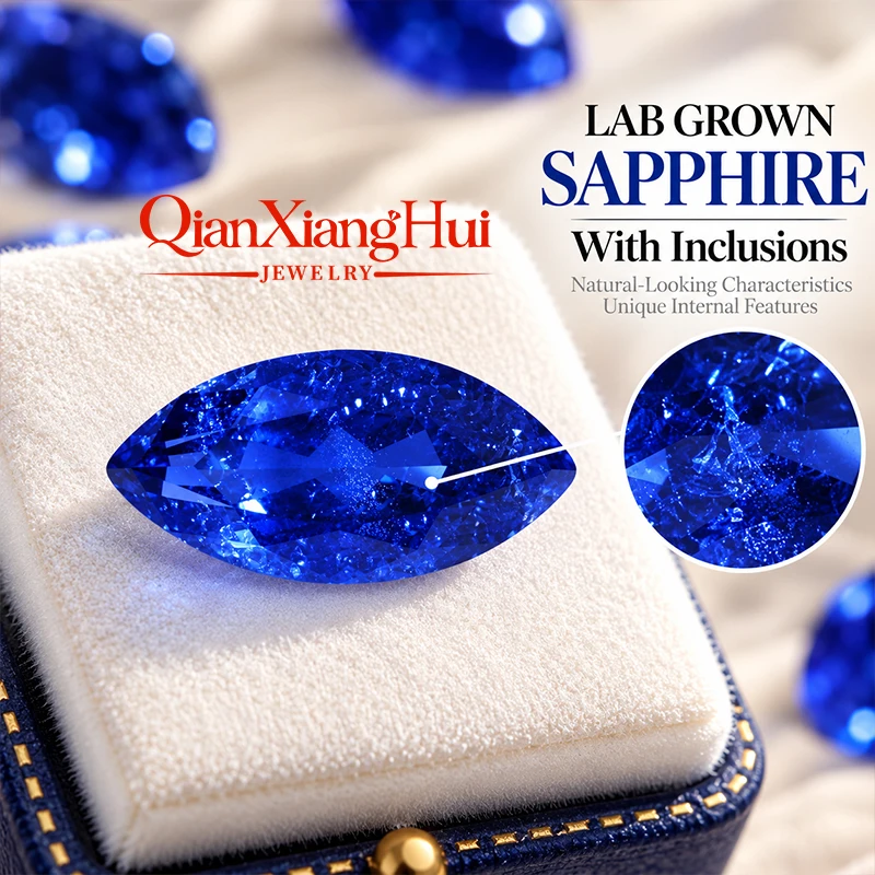 Royal blue Cornflower blue color lab grown sapphire marquise shape  natural cut including minor cracks inclusions loose gemstone