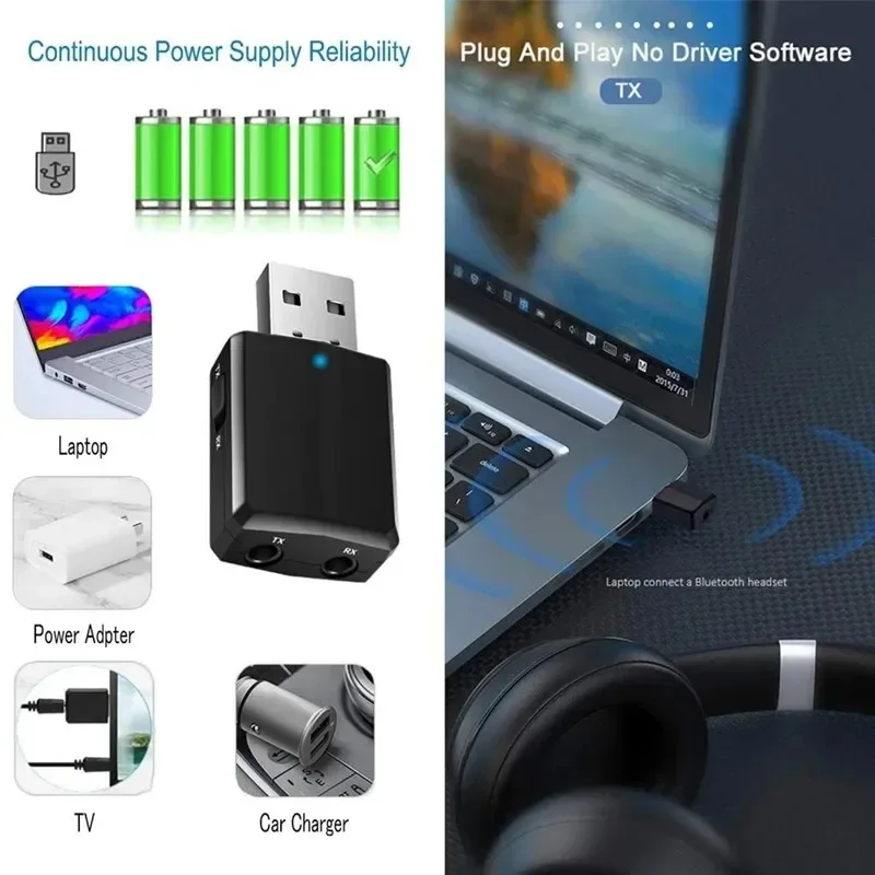 USB Bluetooth 5.0 Transmitter Receiver 3 in 1 EDR Adapter Dongle 3.5mm AUX for TV PC Headphones Home Stereo Car HIFI Audio