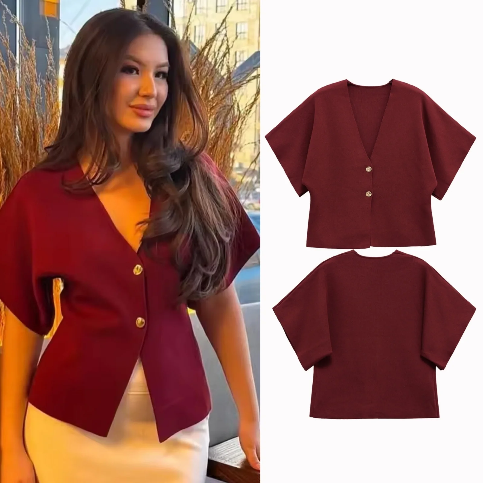 2025 Estate Autunno Donna Gilet lavorato a maglia Nuovo scollo a V Manica corta Cardigan lavorato a maglia Donna monopetto Vita alta Slim Top