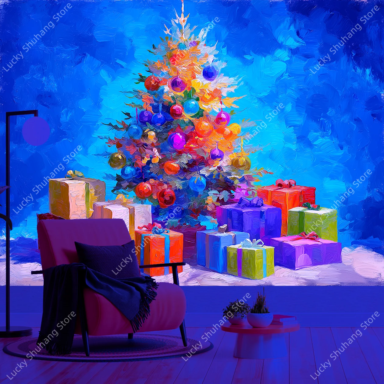 

Vibrant Christmas Tree UV Tapestry with Multicolor Ornaments and Gift Boxes Festive Wall Hanging for Holiday Home Office Decor