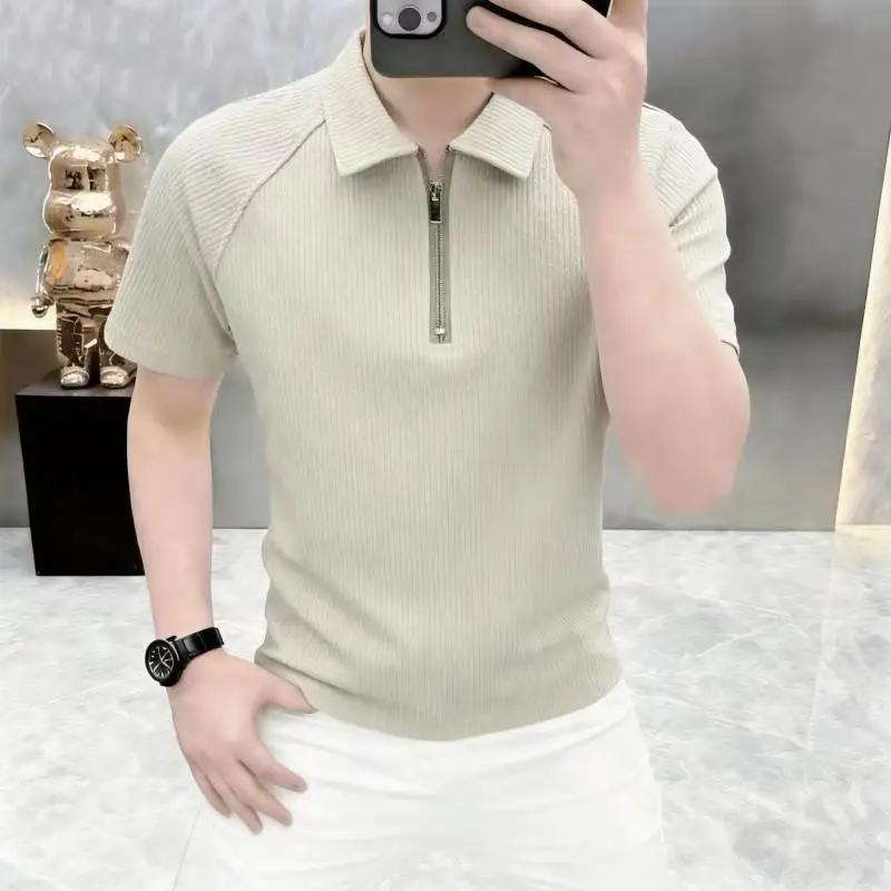 2026 Summer New Style Men's Collarless Short-Sleeved Polo Shirt Fashion Casual Half-Sleeve T-shirt