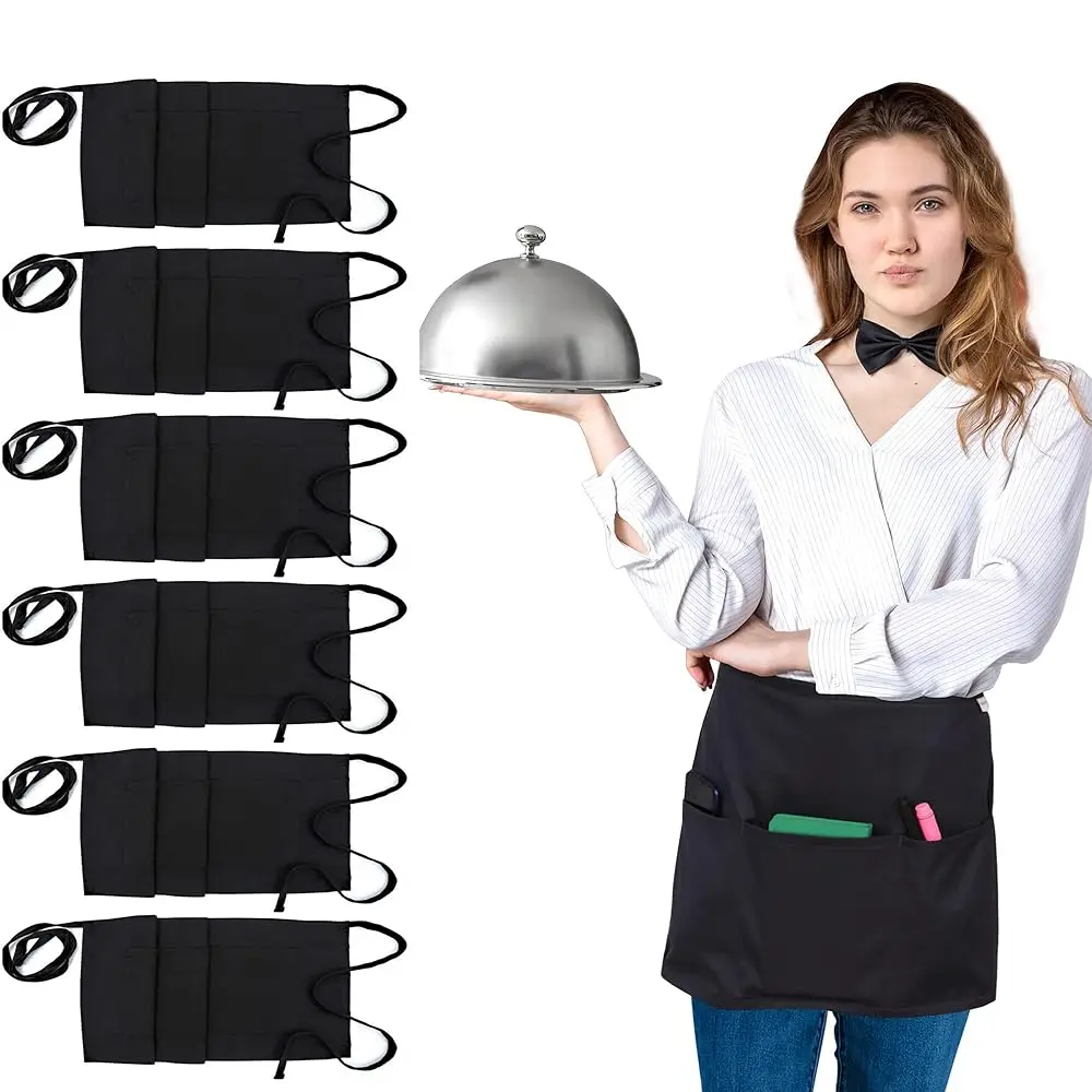 

6 Pack Server Aprons with Pockets, Black Apron for Men, PolyCotton Chef Aprons for Women with 29\ Long Waist Strap