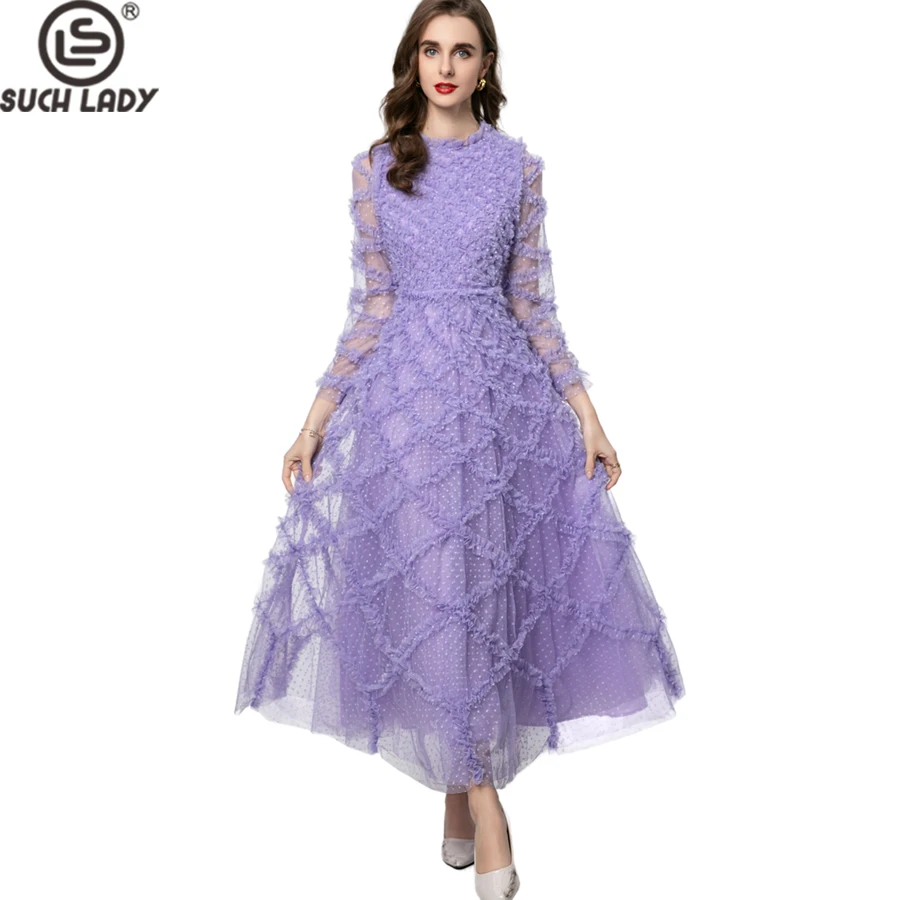 

Women's Dresses O Neck Long Sleeves Ruffles Paid Elegant Fashion Designer Party Prom Gown