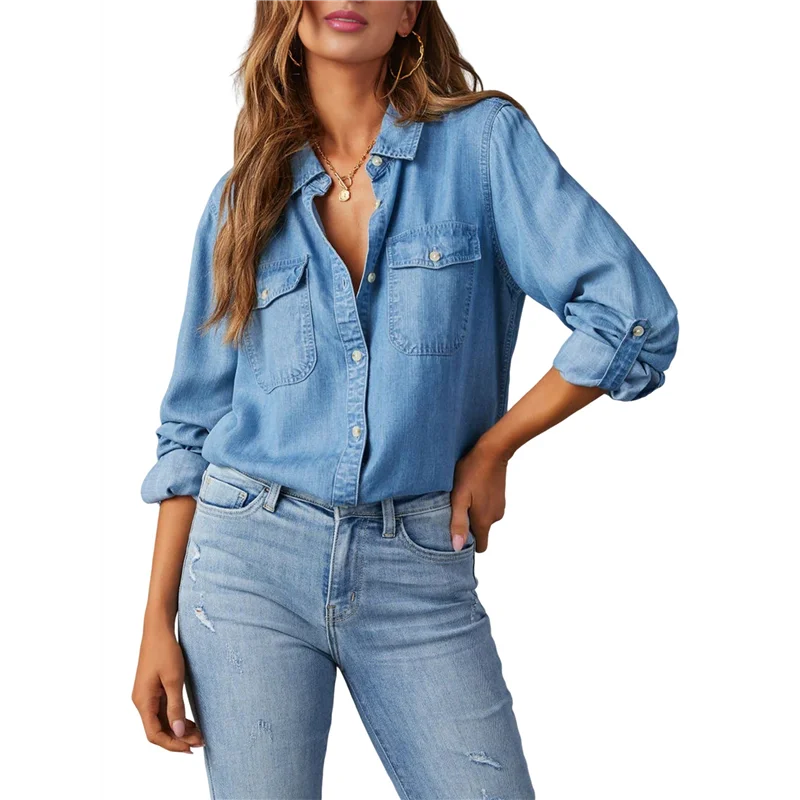

AOAO-Women Button Down Denim Shirts Casual Long Sleeve V Neck Chambray Blouse Top