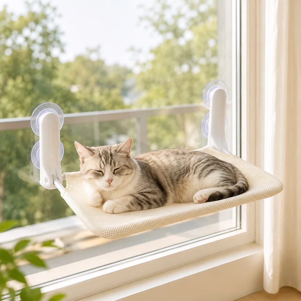 Foldable Suction Cup Cat Window Hammock In Beige X Cm Hanging Bed Balcony Sunbathing Indoor Apartment Lounging