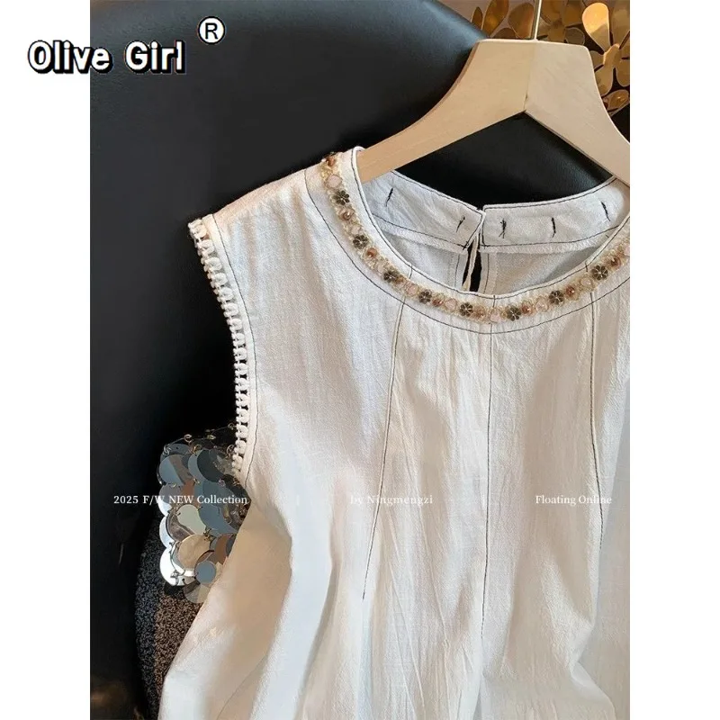 Olivegirl Plus Size T-Shirt Women's Tee Top Cotton 2026 Oversized Summer Boho Style Beaded Sleeveless Clothing Loose Shirt