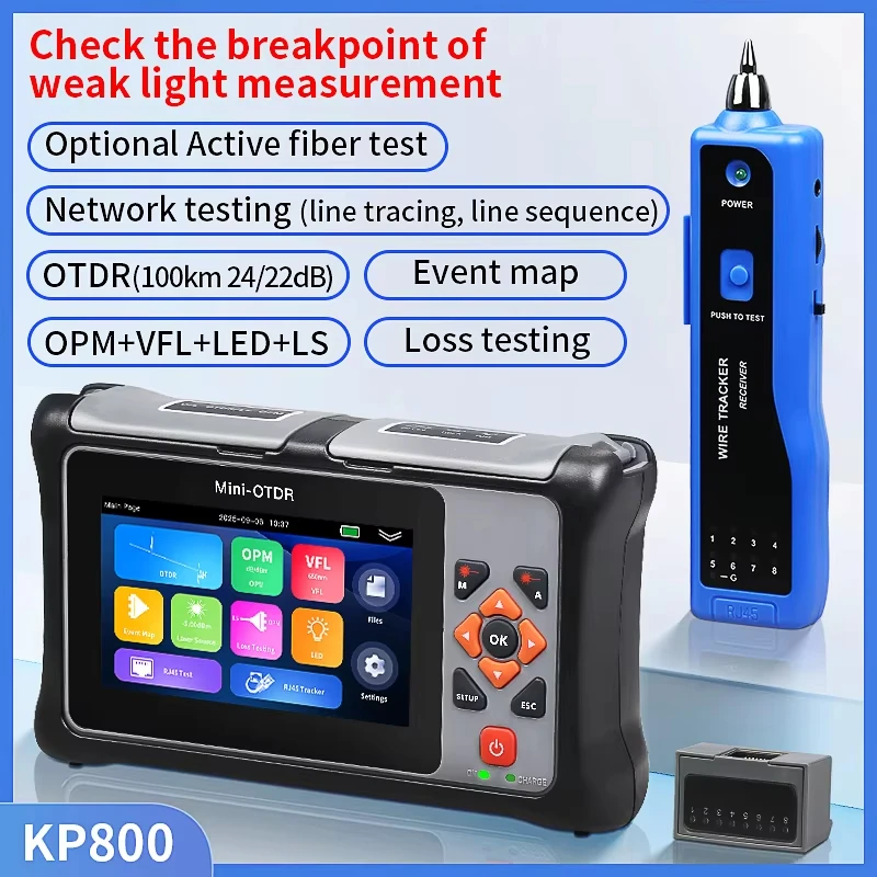 KP800 OTDR Активный прямой тест волокна, светодиодное отражение оптического волокна с тестером кабеля Ethernet, 1310, 1550, 1610, 1625, 1650 нм, OPM, VFL