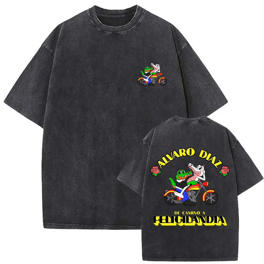 Washed Vintage Alvaro Diaz Sayonara Felicilandia T-shirt Crocodile Funny T-shirts Men Hip Hop Oversized Short Sleeve T Shirts