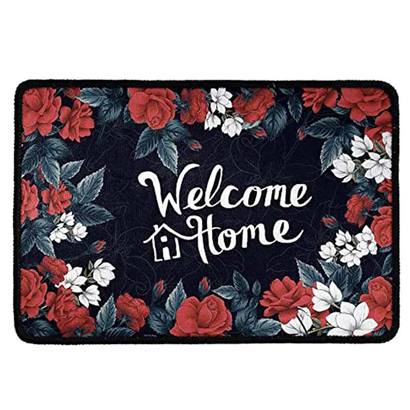 Indoor Doormat with Flannel, Flowers Anti Slip Front Door Mat, Absorbent Entryway Door Carpet, Decorative Outdoor Rug Easy to Cl