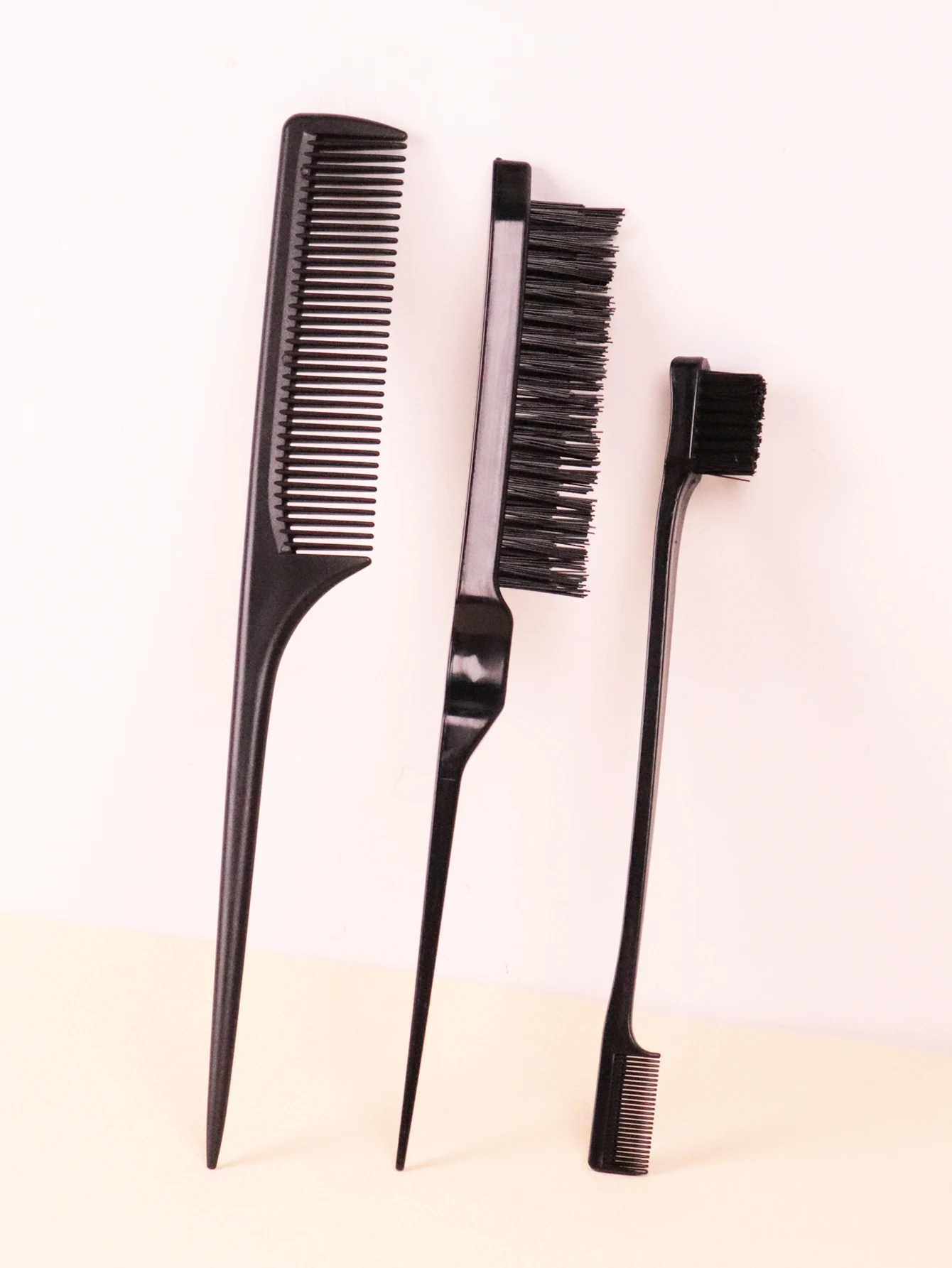 مجموعة مشط مكونة من 3 قطع، مشط ذيل الفئران البلاستيكي السميك، فرشاة نايلون ثلاثية، فرشاة تحكم في الحواف خاصة بشعر مستعار حقيقي