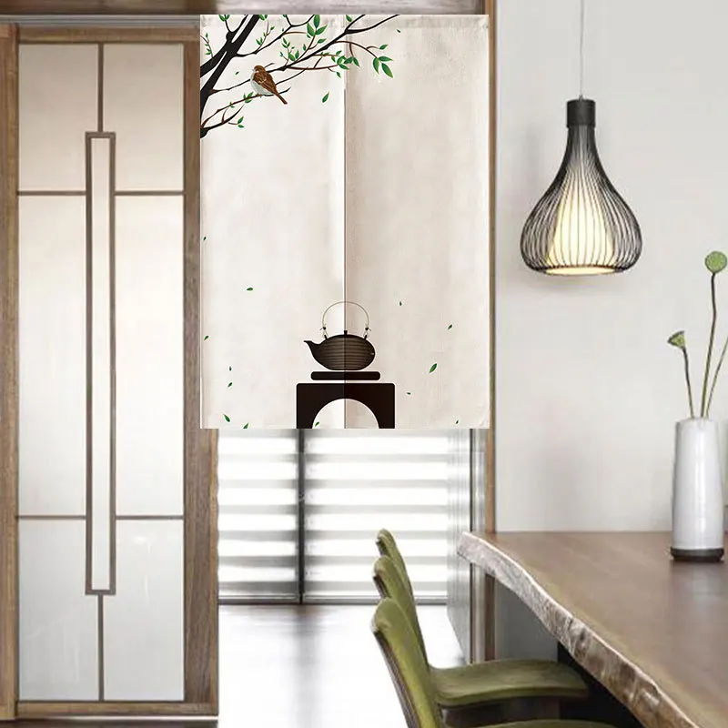 Chinese Style Door Curtain with Bird & Teapot Print, Elegant Fabric Partition for Kitchen, Dining Room and Home Decor