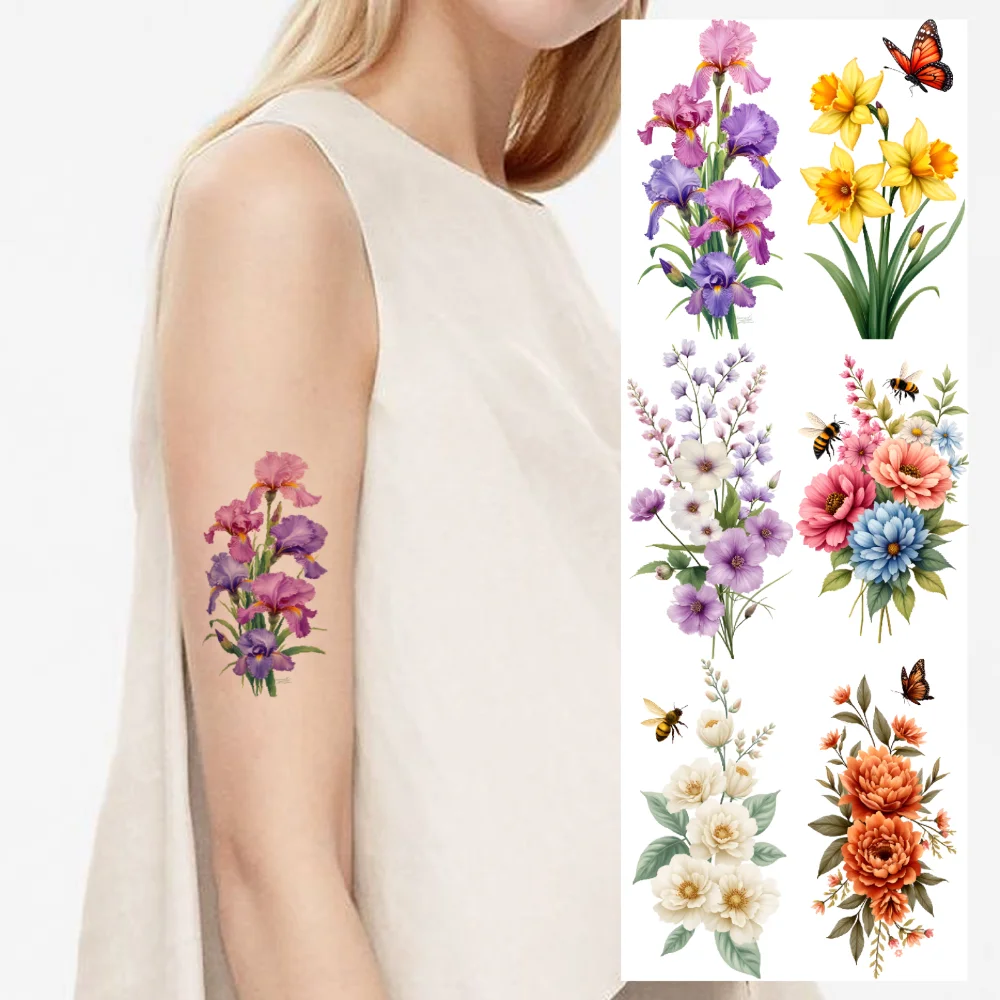9pcs Temporary Tattoo Purple Floral Pattern Colorful Rose Flowers Harp With Flowers Temporary Tattoo Stickers Lily Flowers For