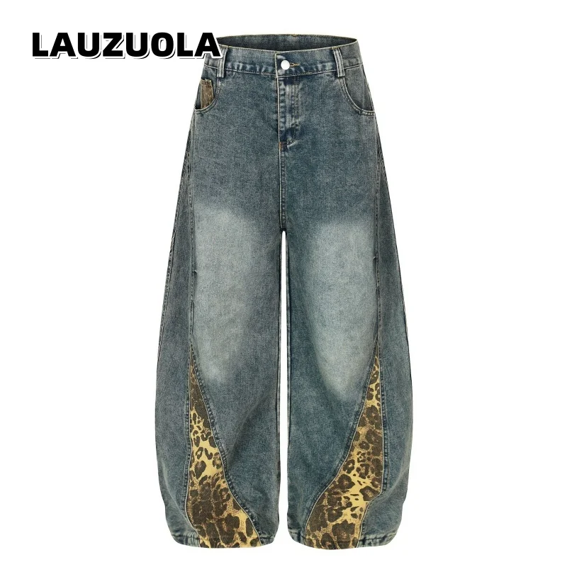 

Retro Leopard Print Patchwork Baggy Jeans Men Women High Waist Wide Leg Washed Denim Pants Trousers
