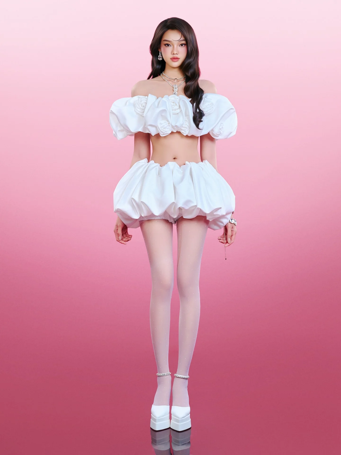 Biały crop top z odkrytymi ramionami i spódnica typu bubble z kwiatami 3D, satynowy dwuczęściowy zestaw z bufiastymi rękawami na imprezę, do klubu, na scenę, w stylu Y2K