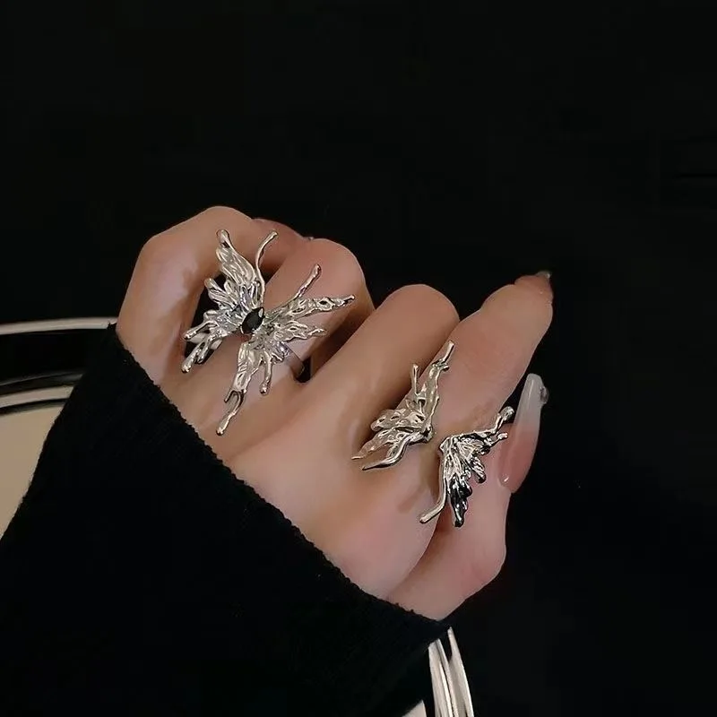 Punk Irregular Butterfly Rings For Women Liquid Metal Butterfly Earring Aesthetic Egirl Gothic Insect Open Rings Y2K Jewelry