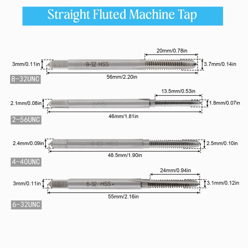 Thread Tap Right Hand HSS 8-32UNC 2-56UNC 4-40 6-32UNC 10-24UNC Straight Fluted Machine Thread Taps Machine Tool & Accessories