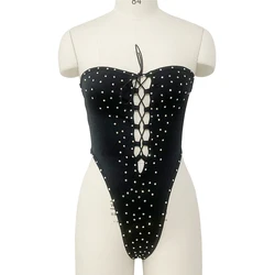 Hope&Win Nylon Dancer Ladies One Piece Pole White AB Rhinestone Stripper Outfits Women Sexy Bodysuit Exotic Dance Wear