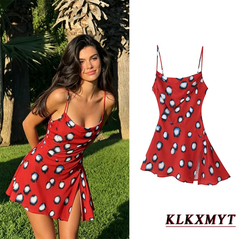 Damen Sexy Kleider mit dünnen Trägern, modische ärmellose rückenfreie bedruckte Faltenkleider, elegante schicke Sommer-Urlaubskleider