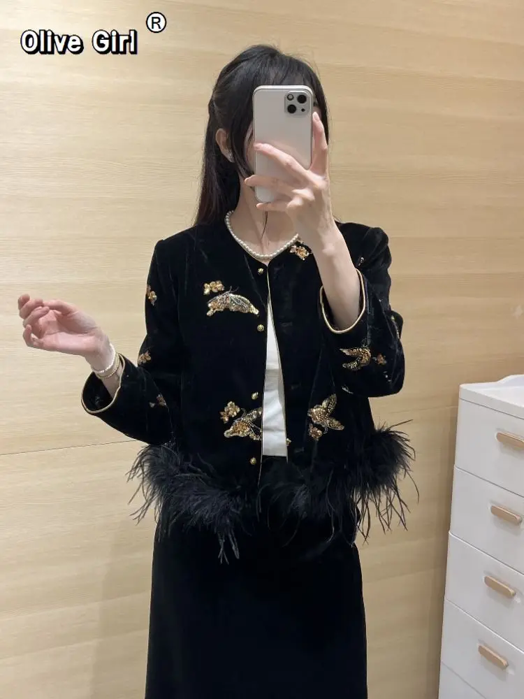 Luxury Coat Women's Clothing Feather Splicing Sequin Embroidered Gold Velvet Jacket Fashion Autumn Spring Chinese Style