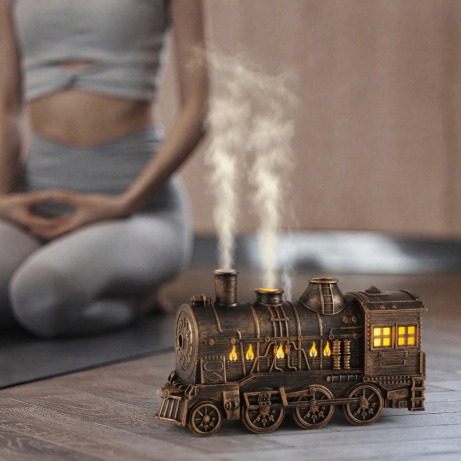 Steam Train Ultrasonic Aroma Diffuser 300ml Humidifier Dual LED Colors 2H/8H Timer Auto Shut-Off USB