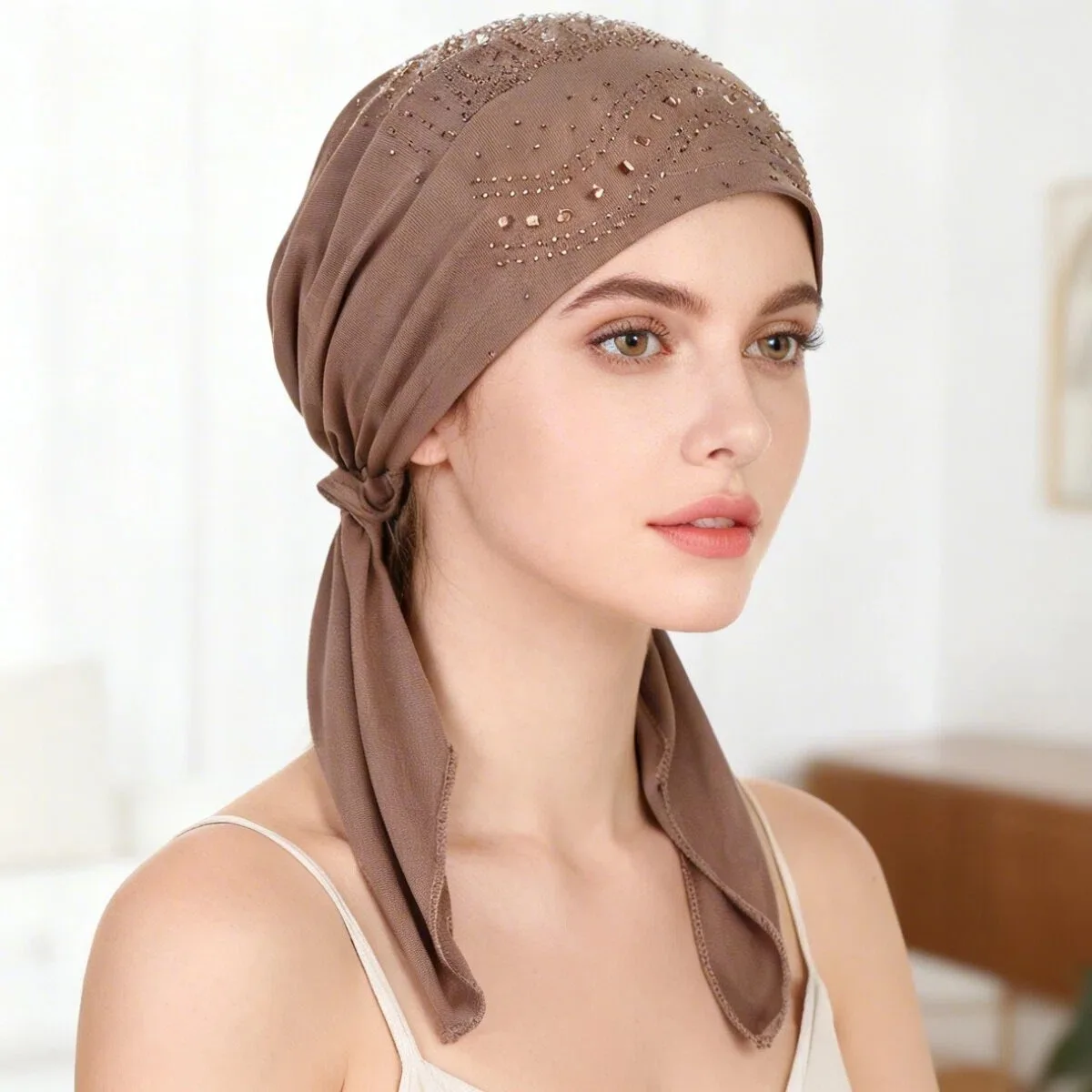 

2026 New Diamond Women's Hijab Solid Color Muslim Ladies Turban Bonnet Soft Elastic Long Tail Head Wrap Head Scarf Indian Hats