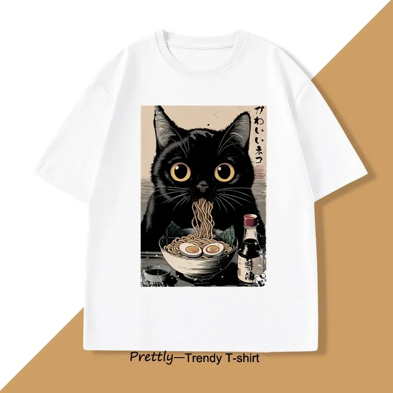 

Cute Black Cat Eating Ramen T Shirts for Women Vintage Japanese Kawaii Classic T-Shirt Short Sleeve Tee Women Clothing