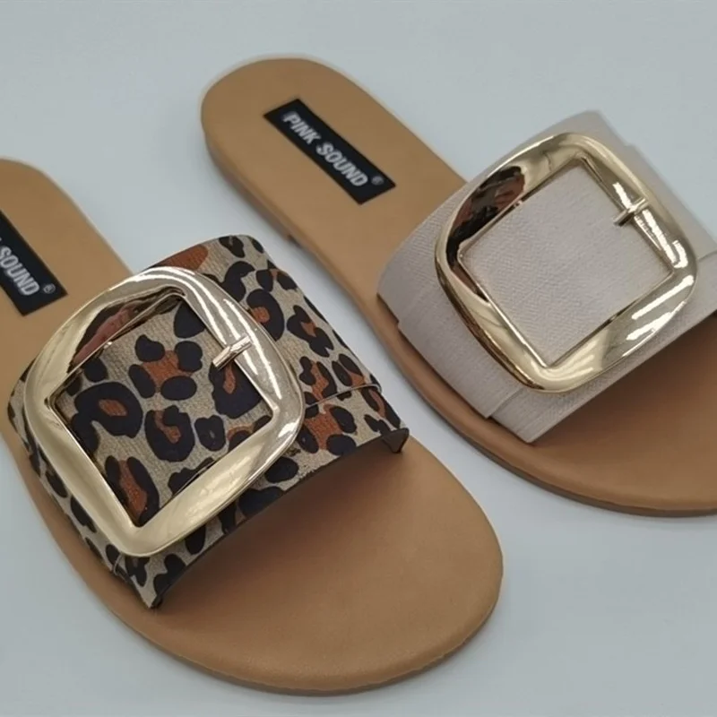 2024 Summer New Fashion One-word Buckle Slippers Women\'s Leopard Print Square Root Flat Slippers Luxury Sandals Women Designers