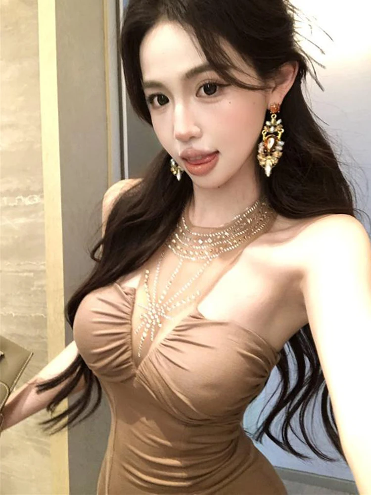 

Women's Mini Skirt Stylish Waist Cinched Bodycon Sexy Diamond Embellished Shoulder Bared Neckline Knitted Short Dress