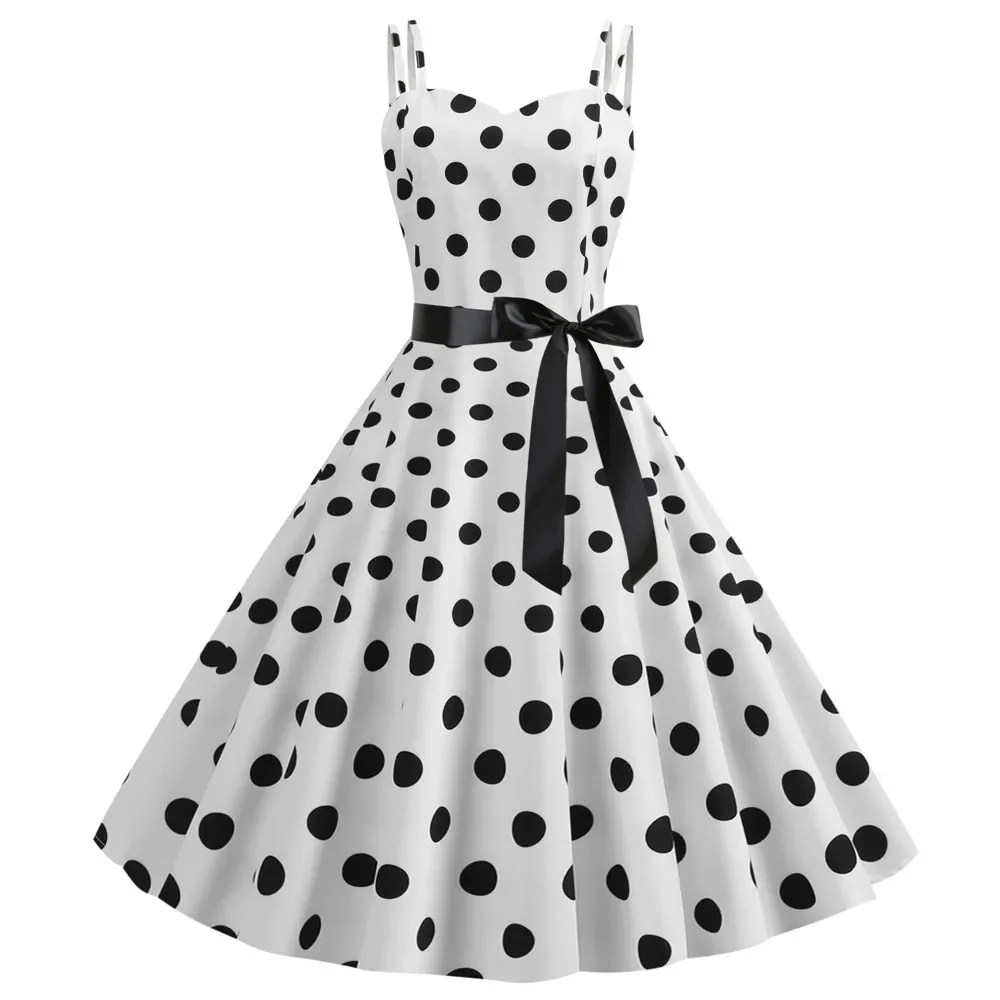 

Women Polka Dot Print Summer Dress Sexy Retro White Halter Vintage Dress Robe Femme Pin Up Rockabilly Party Dress