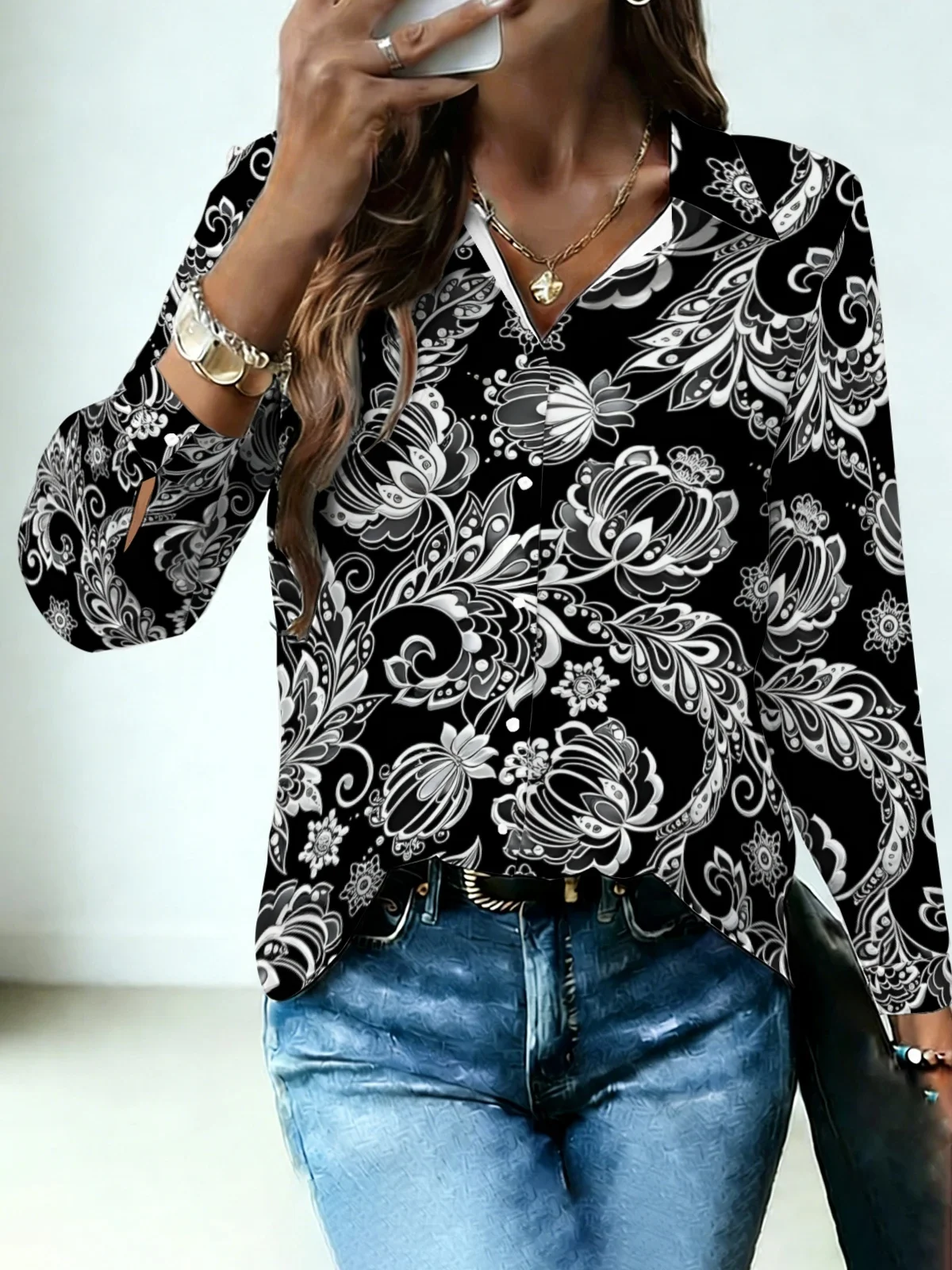 Chic Office Monochrome Mandala Lotus Women Long Sleeve Shirt Solid Black White Gray Gradient Paisley Vine Lapel Button Down Dail