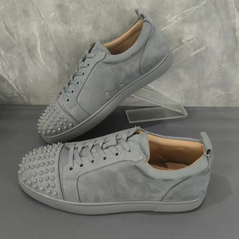 

Men Casual Low Top Loafers Shoes Blue Grey Suede Lace Up Studded Rivets Round Toe Outside Shoes Flat Mens Leisure Footwear