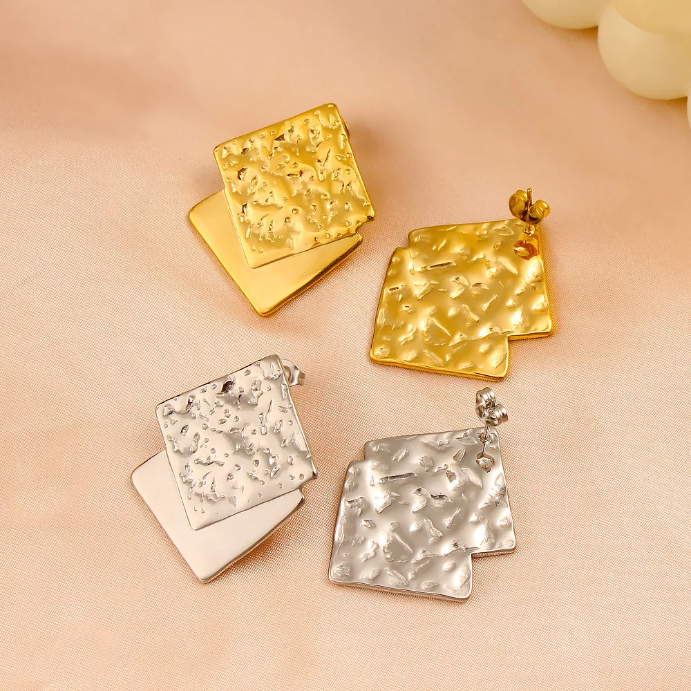DIY accessories European and American trends, wrinkled texture square earrings, stainless steel personalized fashion double-laye