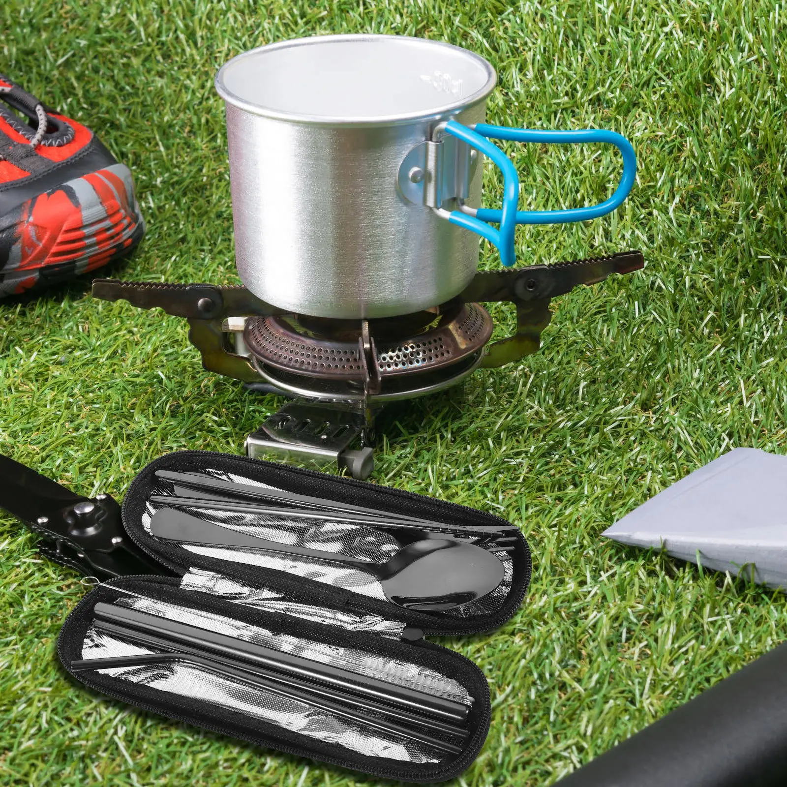 

1Set Stainless Steel Travel Utensil Kit Portable Tableware Set Fork Spoon Chopsticks Straw Cleaning Brush Storage Bag