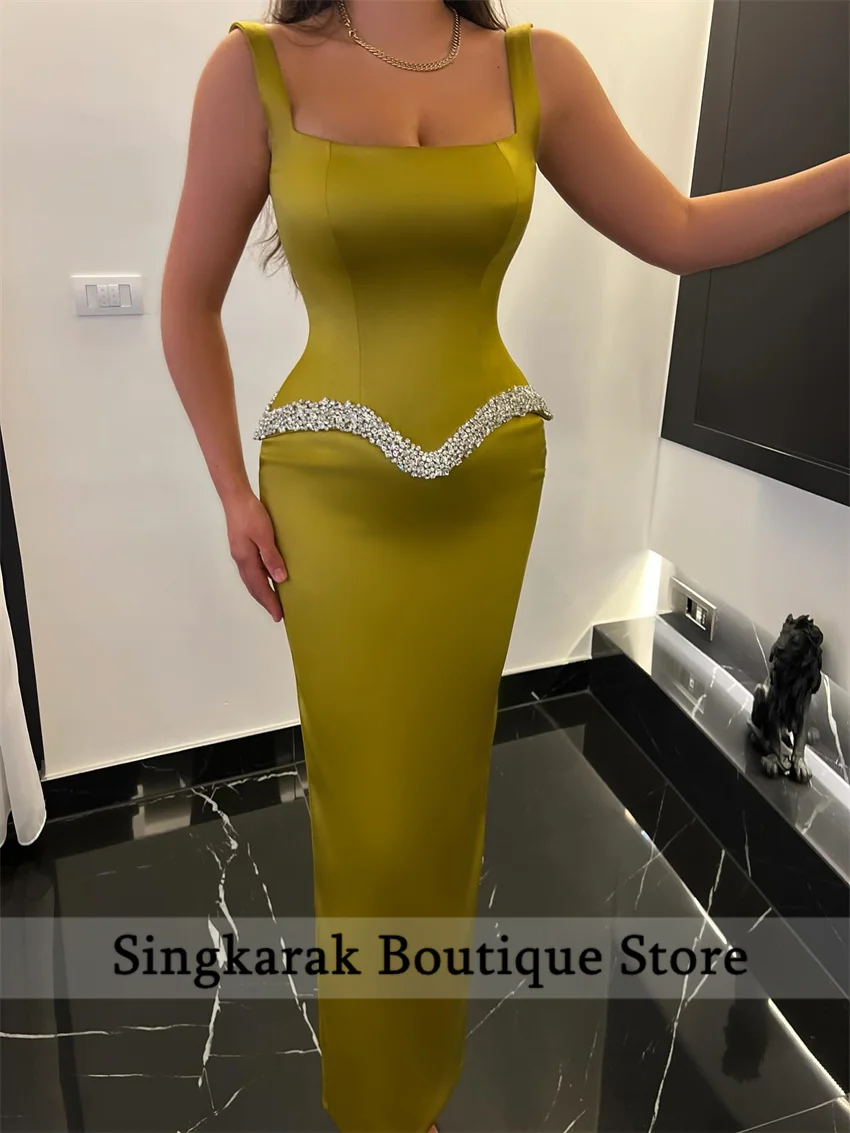 

Olive Green Dubai Custom Elegant Prom Dress Shiny Crystal Chiffon Vestidos de noche Sleeveless Prom party dress 2026