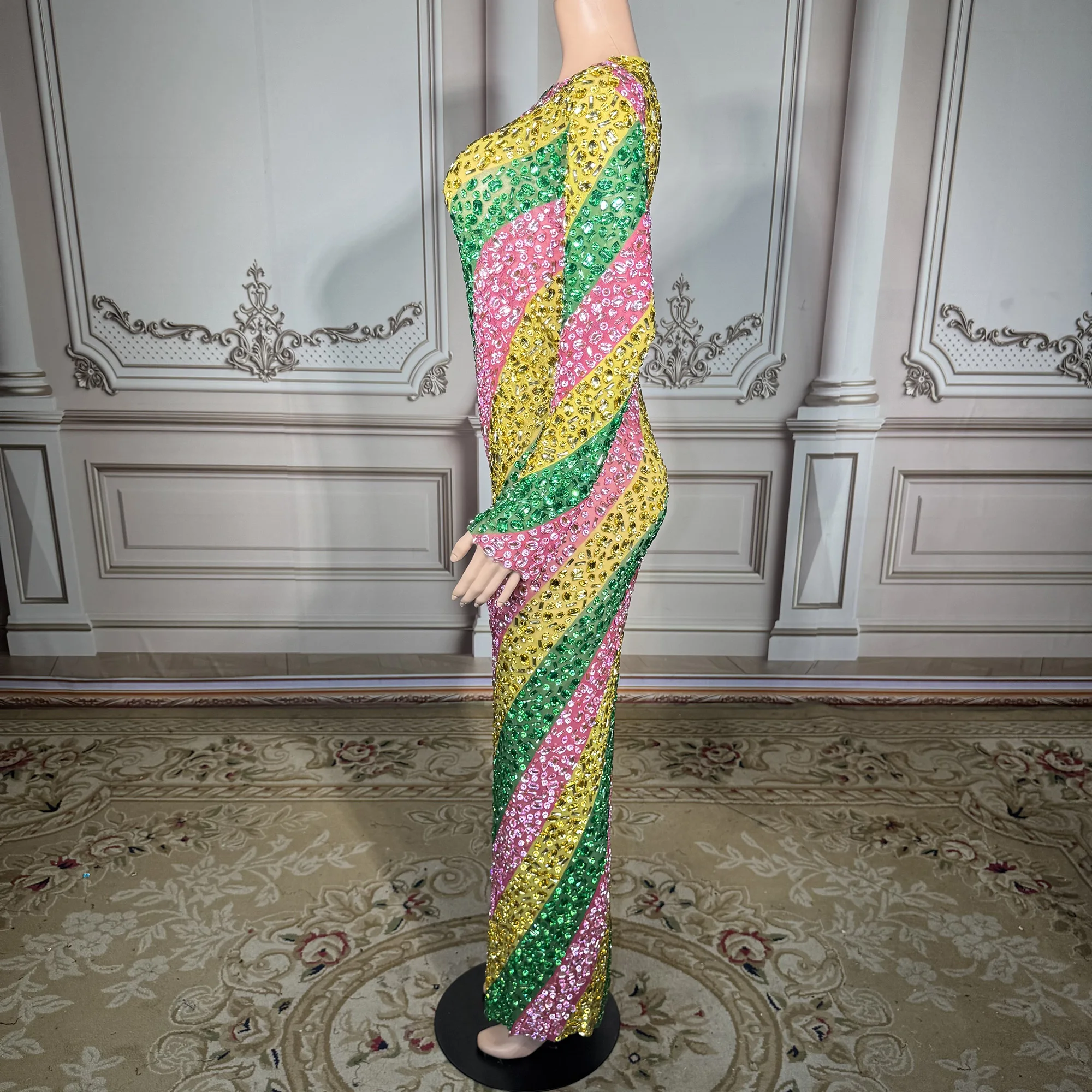 ZD レディース セクシー キラキラ マルチカラー ラインストーン ノースリーブ メッシュ シースルー ショートドレス 誕生日 プロム ダンス 大きいサイズ